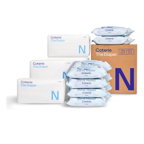 Image of Coterie Baby Wipes + Diapers Kit, Size Newborn Diapers (186 Count) & 12 Pack (672 Count) Baby Wipes with 99% Water, Plant Based Materials, Hypoallergenic for Sensitive Skin