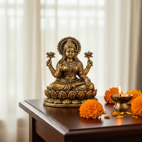 Image of eCraftIndia Golden Brass Goddess Maha Lakshmi Idol Laxmi Maa Murti Home Decor, Pooja Room Temple