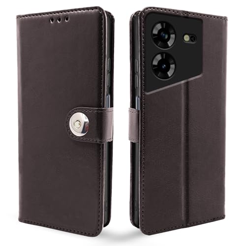 Image of Pikkme Tecno Pova 5 / Tecno Pova 5 Pro 5G Flip Cover Leather Finish | Inside TPU with Card Pockets | Wallet Stand and Shock Proof | Complete Protection Button Flip Case (Coffee)