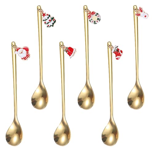 6 Piezas Juego de Vajilla Navideña, Cuchara de Acero Inoxidable, Cuchara Navideña con Colgante Navideño, árbol de Navidad, Campanas para Sopa de té, Caja de Regalo (Oro)