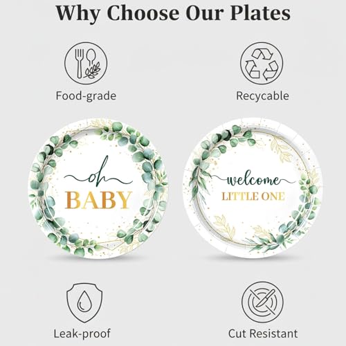 Image of 50Pcs Baby Shower Paper Plates 7 inch Sage Green Oh Baby Party Supplies