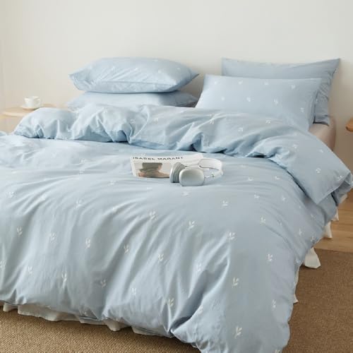 Lanqinglv Bettwäsche 135x200 Baumwolle Blau Weiß Blätter,Pflanzen...