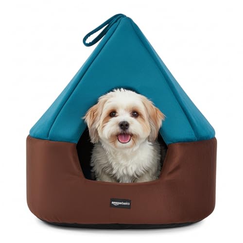 Image of Amazon Basics Pet Bed Cave | Soft & Warm Indoor Tent Bed for Cats, Kittens & Small Dogs | Foldable with Removable Cushion | Light Blue & Coffee | Diameter 45 cm, Height 45 cm