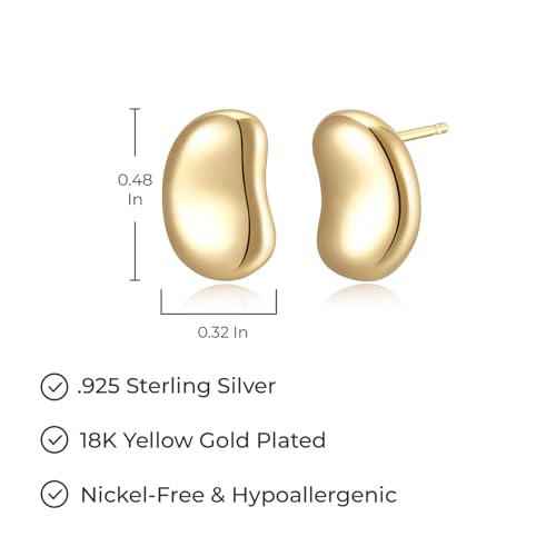 MORGAN & PAIGE .925 Sterling Silver Rhodium, 18K Yellow Gold or 14K Rose Gold 12mm Bean Stud Earrings for Women - Hypoallergenic Minimalist Modern Bean Shaped Design Sterling Silver Earrings3