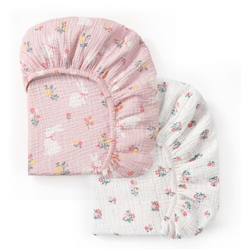Image of david's kids Muslin Mini Crib Sheets, 2 Pack Cotton Pack N Play Sheets for Girls, Soft Breathable Baby Sheets Fit Pack N Play, Playard and Mini Crib Mattresses, Rabbit
