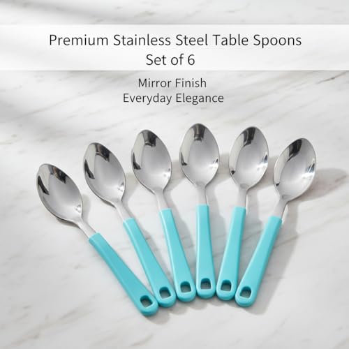 Image of Premium Stainless Steel Table Spoon Set of 6 | 15 cm Large Dinner Spoons, Mirror Finish | Flatware for Dining Table & Kitchen | Dishwasher Safe | Aqua Blue (Aqua Blue)