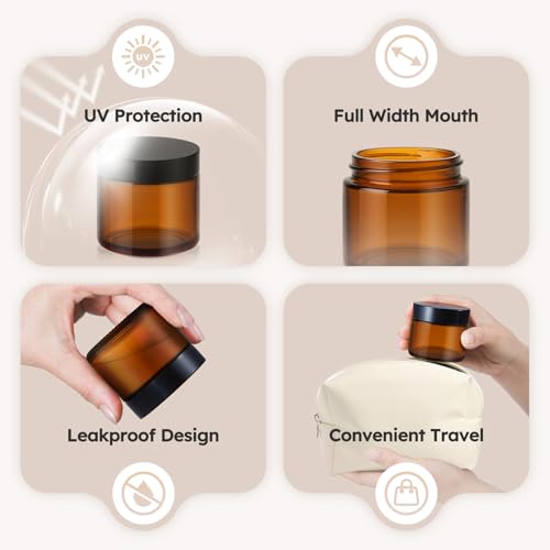 2 oz Glass Jars with Lids, 36 Pack Amber Small Glass Jars with Black Lids Leakproof Round Airtight Empty Cosmetic Travel Containers with Inner Liners For Lotions Powders and Candle Making4