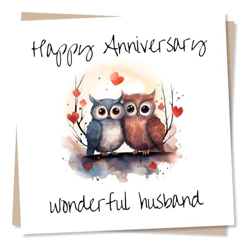 Nokular Happy Anniversary Card To Husband From Wife - Beautiful Owl Illustration - Made in UK