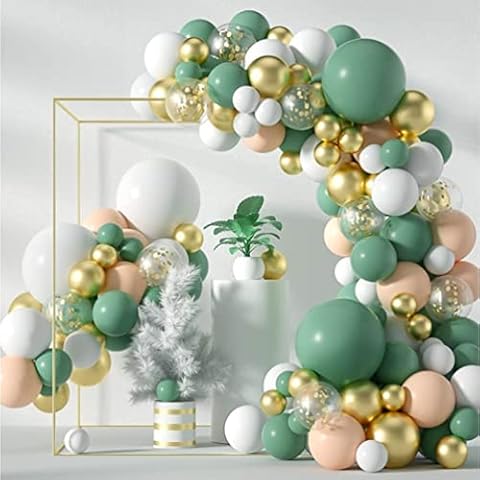 Gmili Pack of 124 Balloons Garland Set, White Beige Gold Bean Paste Green Latex Balloons - as Decoration for Engagement Anniversary, Birthday & Party (DIY Balloon Garland Reusable) Cover