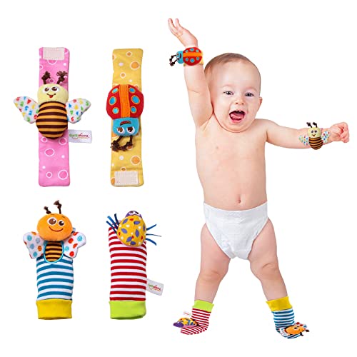 Image of PHREKUDA Sock & Wrist Rattles Toy Set for Babies, Plush Stuffed Rattles for Baby, Rattles for Babies, Rattle for Baby, Newborn Gifts for Boys Girls Infant (4 in 1)