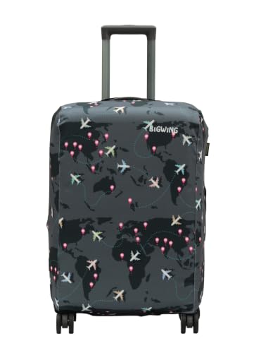 Image of BIGWING Protective Cover in Polyester Fabric with Map Print for | Medium Size 24' inch | Hard Luggage Trolley Bag Cover (Fits Only On Fiber - Plastic Trolley Bag) Grey Color
