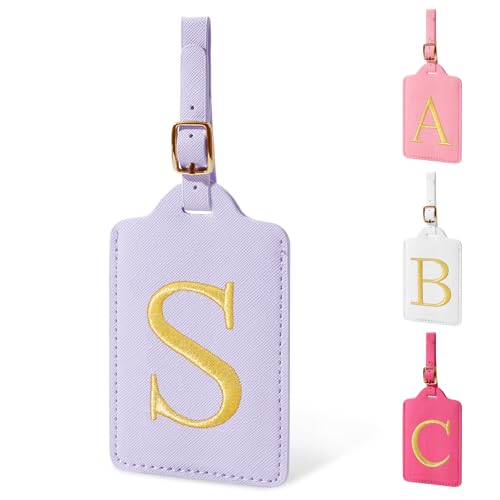 Personalized Initial Luggage Tags for Suitcase, Purple Leather Cute Luggage Tags with Privacy Cover Name Card, Embroidered Custom Monogrammed Luggage Tag Travel Backpack Tags Gifts for Women Kids(S)