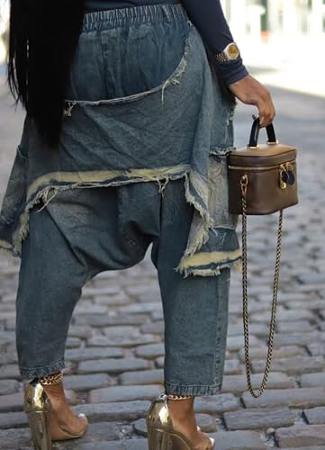 Women's Harem Denim Pants Elastic Waist Loose Cropped Cargo Barrel Jeans Casual Patchwork Ripped Trousers Pockets3