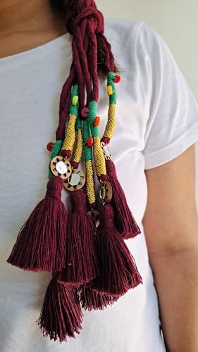 Image of Zippy Flora Handmade Boho Parandi / Paranda Traditional Hair Accessory for Women & Girls | Ethnic Braided Hair Tassels, Choti Hair Extension, Decorative Braid Jewelry for Festive & Wedding Hairstyles (Neelima Burgundy)