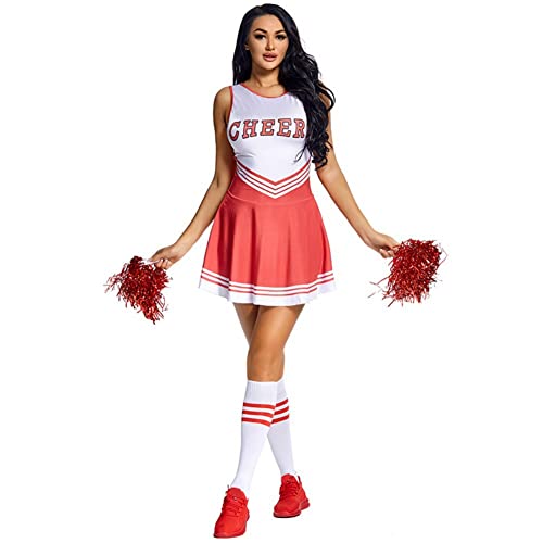 Fanus Halloween Costume Set Women Youth Girl Cheerleader Costume Uniform With Cheerleading Pompoms And Knee Socks, Red #TOP1