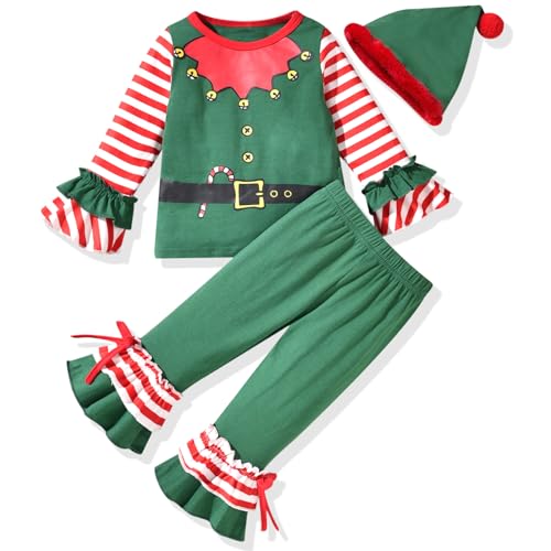 HINTINA 3T Toddler Little Girl Christmas Outfits Elf Bell Bottom Flare Pants Clothes Set Xmas Clothing 3-4T