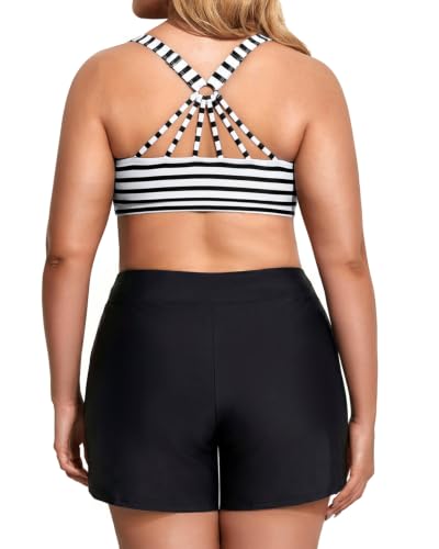 Image of Holipick Women Plus Size Swimsuits - Athletic 3 Piece Tankini with Shorts | Sports bikini top, high waist shorts, tank top, removable pads. Athletic style for water activties