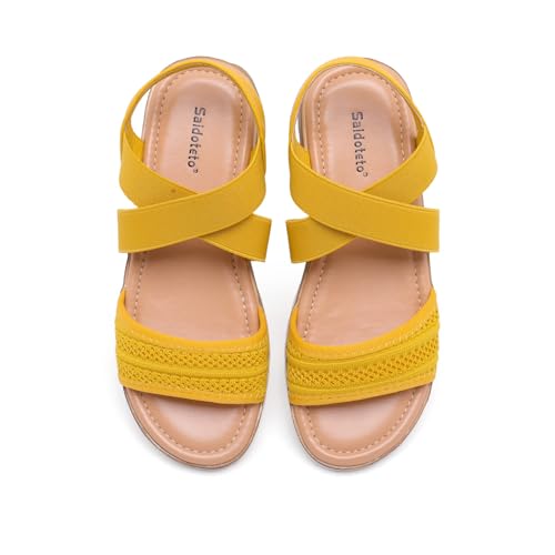 Image of Saidoteto Women's Flat Sandals,Comfortable Elastic Ankle Strap Slingback Slip-On Open Toe Low Wedge Walking Sandals for Summer & Casual