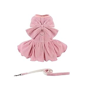 Dog Striped Dress,Pet Girl Bow Costume with Ring and Harness Leash,Dog Wedding Birthday Party Dress(Pink,Medium) Dog Striped DressPet Girl Bow Costume with Ring and Harness LeashDog Wedding Birthday Party DressPinkMedium