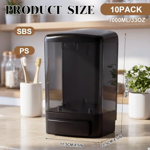 Image of Hushee 10 Pcs Wall Mounted Soap Dispenser,33.8 Oz 1000 Ml,All Black | Manual Press, 1000ml 33.8oz Capacity Clear Window, For Restaurant Bathroom Kitchen Hotel, Liquid Soap Shampoo Dispenser