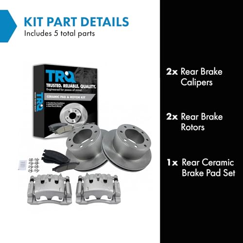 Image of TRQ Rear Brake Pad, Caliper, & Rotor Kit Ceramic Vented Compatible with 2008-2012 Ford F-250 Super Duty 2006-2012 F-350 Super Duty