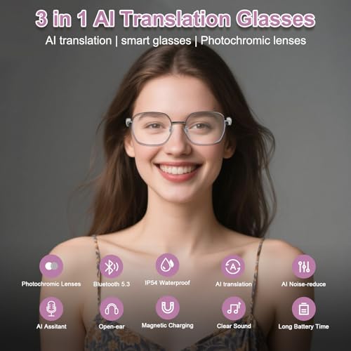 Image of Al Smart Glasses for Women- Bluetooth Translation Glasses with 164 Languages, Color-Change Lens, Music & Call, IP54 Waterproof, Free App, Audio AI Translator Glasses for Meeting Cycling Travel Gaming
