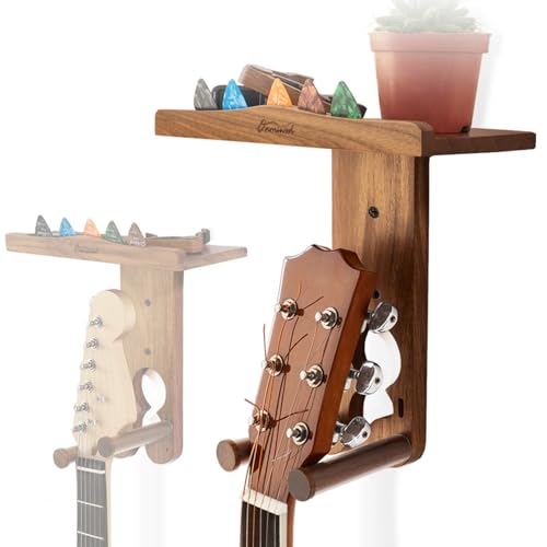 Onmiwod Guitar Wall Mount, Wood Guitar Hanger Wall Mount with 2 Hook Modes, Guitar Wall Hangers Shelf with Pick Holder, Guitar Holder for Acoustic, Electric Guitar, Ukulele, Bass [Patent Pending]