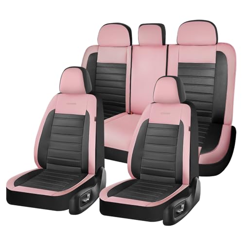 Image of Coverado Car Seat Covers Full Set, Luxury Leather Car Seat Covers, Automotive Front and Rear Mesh Seat Covers, Full Set 5 Seats, Pink Black Seat Covers for SUV Sedan Truck