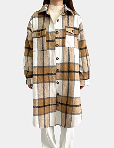 Peaceglad Women's Lounge Lapel Button Up Long Sleeve Plaid Long Shirt Jacket Shacket2