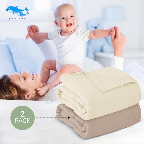 Image of SWEET DOLPHIN Muslin Baby Bath Towels Blanket - 2 Pack 100% Cotton Towel for Babies, Infants, Toddlers - 40x40Inch - Highly Absorbent, Ivory and Brown
