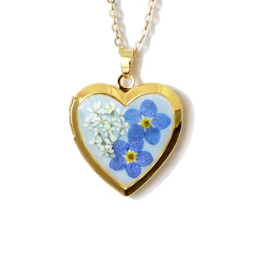 Handmade Heart Shaped Dried Pressed Forget Me Not Flower Photo Locket Pendant Necklace