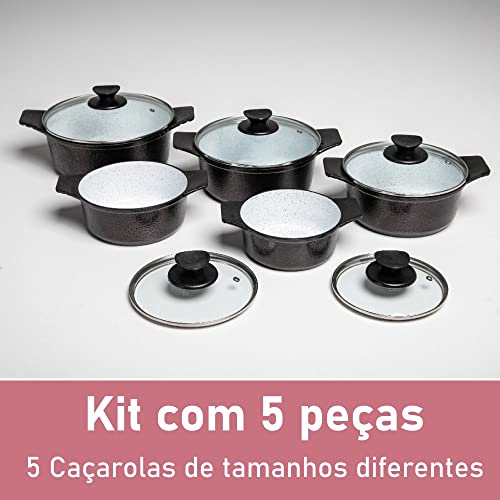 Jogo de Panelas 5 Peças Forno e Fogão Antiaderente Revestidas em Cerâmica (Preto)