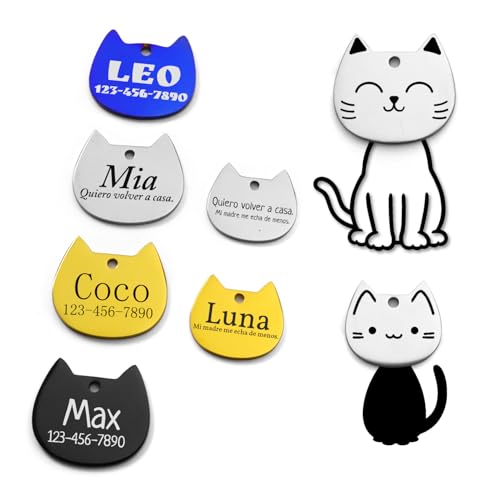 Placa de identificação de gato de aço inoxidável, etiqueta de gato de forma encantadora, texto personalizado de 6 linhas, gravação a laser (gato arrogante)