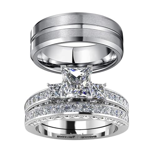 Couple Rings White Gold Plated 925 Sterling Silver Ring Square 1.5CT CZ Women Wedding Ring Sets Men Titanium Steel Ring