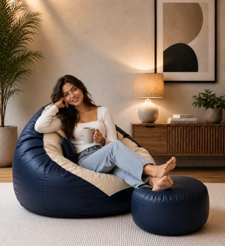 Image of Mansu-Premium Leatherette 4XL Bean Bag Cover with Footrest & Cushion (Without Beans) (4XL) (Cream NavyBlue)