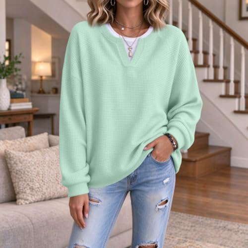 Waffle Tops for Women Faux Layered V Neck Waffle Knit Henley - image 5