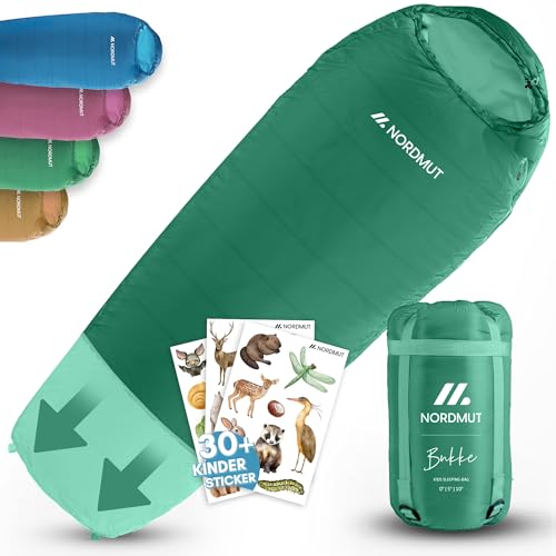 NORDMUT® Schlafsack Kinder mitwachsend für zuverlässigen Kälteschutz – Kinderschlafsack aus schadstofffreien Materialien – 3-Jahreszeiten Kinderschlafsack (200 GSM) für Outdoor Abenteuer (Grün)