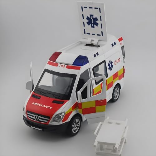 Image of 1:32 Scale Die-Cast Mercedess Ambulance Emergency Rescue Toy, Light and Siren Sound Effects, Pull-Back Action, Openable Doors and Rear Hatch for Kids (Ambulance), Red