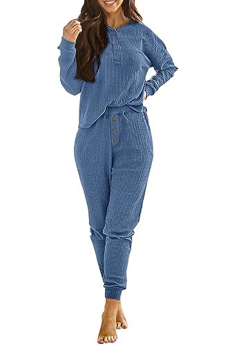 Image of PRETTYGARDEN Women's 2 Piece Waffle Knit Lounge Outfit Long Sleeve Henley Top and Sweatpants Set Tracksuit