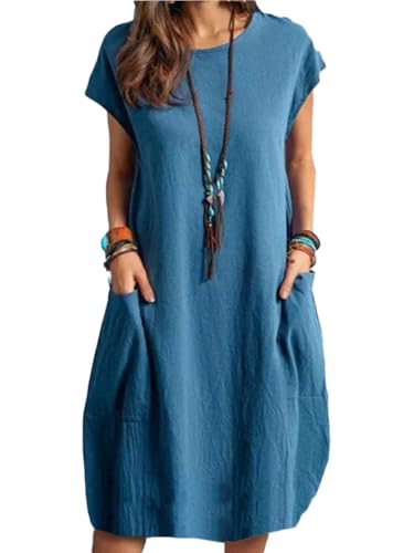 Onsoyours Damen Leinen Baumwolle Kleid Beiläufige Kurzarm Lose Maxikleider Rundhalsausschnitt Kleid Damen Leinenkleid Shirtkleid Leinenkleid Tunika...