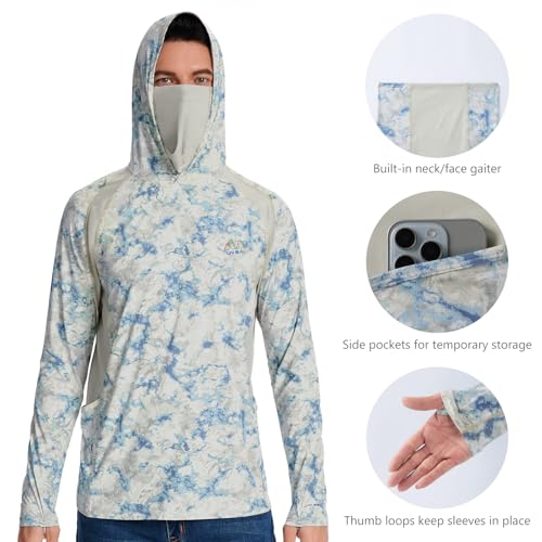 Image of Men's UPF 50+ Hoodie Shirt with Mask Long Sleeve Permanent UV Sun Protection Neck Gaiter Performance T for Outdoor