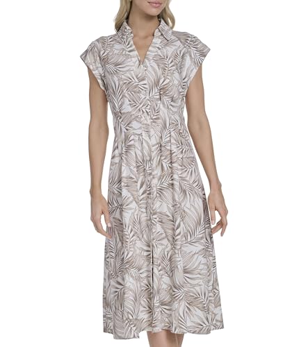 Image of Tommy Hilfiger Women's Cap Sleeve Collared Waist Pleating A-Line Midi Shirt Dress