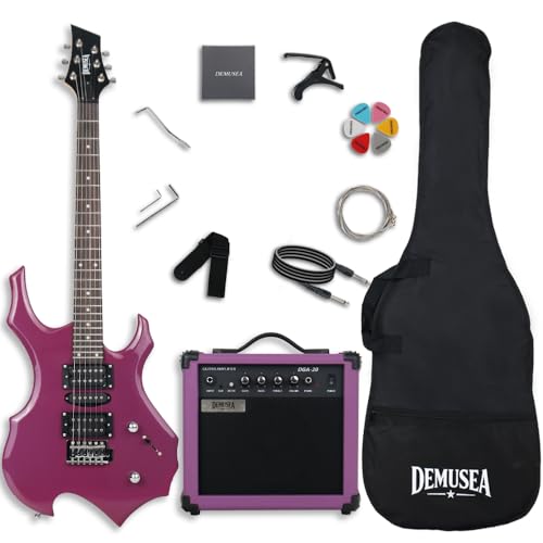 Demusea Purple Color Unique Cool Shape Electric Guitar Beginner Kit With Non-Rechargeable 20W Amp HSH Pickup 24Fret 25.5 Inch Scale Length 1V 1T 5Ways Toggle Solid Body Maple Neck Full Accessories In