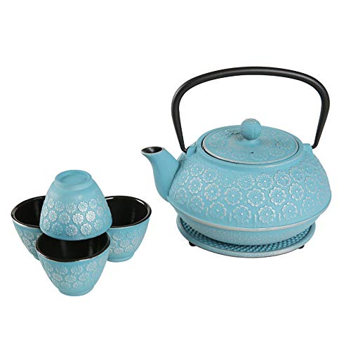Japanese Cast Iron Teapot Sets34 Oz Tea Kettle and Cups Set with Infuser for Loose Leaf TeaLake Blue