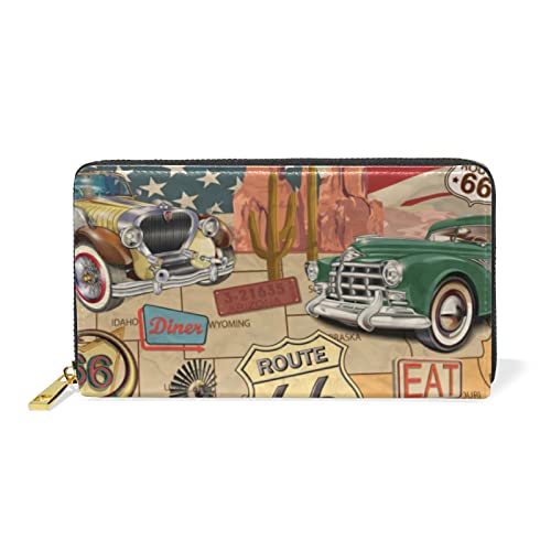 Vintage Route 66 Poster Blue, Yellow, Green Cars Motorcycle USA Flag Leather Long Wallet Organizer with Zipper Purse Clutch Bag for Women Men Key Card Coin Passport Checkbook