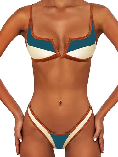 WDIRARA Women's Colorblock Contrast Binding Bikini Swimsuit 2 Piece Bathing Suit