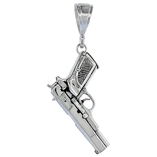 Sterling Silver 9mm Semi-Automatic Movable Pistol Pendant Compact, 2 1/4 inches Long