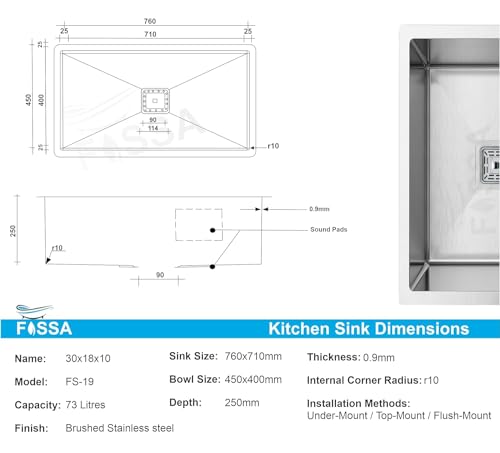 Image of Fossa 30 inchx18 inchx10 inch ๐-๐๐๐๐ ๐๐๐๐๐๐๐๐ Premium Stainless Steel Handmade Single Bowl Kitchen Sink | Scratch Resistant, Anti-Stain | Silver (Matte Finish)