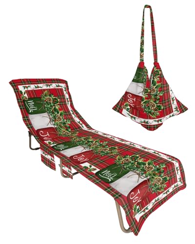 Christmas Lattice Beach Chair Towel Covers for Chaise Lounge With Side Pocket, Soft Plush Pool Towels Cover for Patio Sunbathing Outdoor 29''x85'' Red Buffalo Winter Green Berry