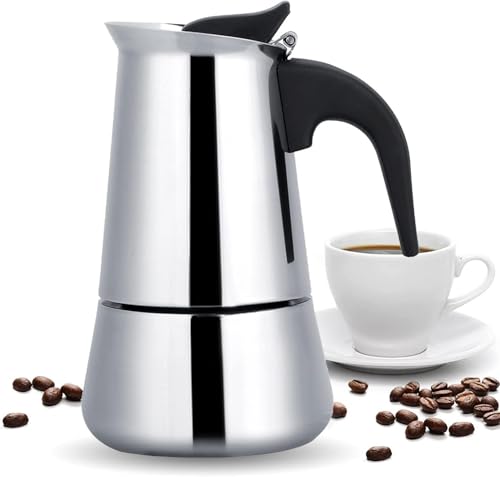 Image of THW Stovetop Espresso Maker - Moka Pot, 200ml (4 Cups) - Stainless Steel Italian Coffee Maker for Mocha, Cappuccino & Latte - Quick Brewing & Ergonomic Design